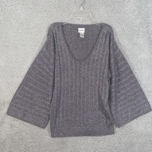 Chico's Top Womens 2 Gray Glitter V Neck Knit Batwing Sleeve Casual Blouse